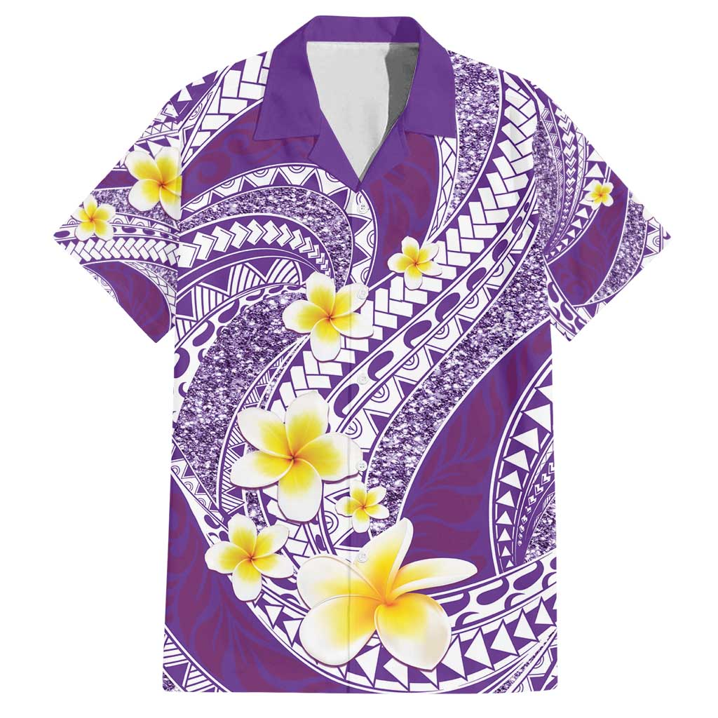 Plumeria Polynesian Purple Glitter Pattern Family Matching Off Shoulder Short Dress and Hawaiian Shirt