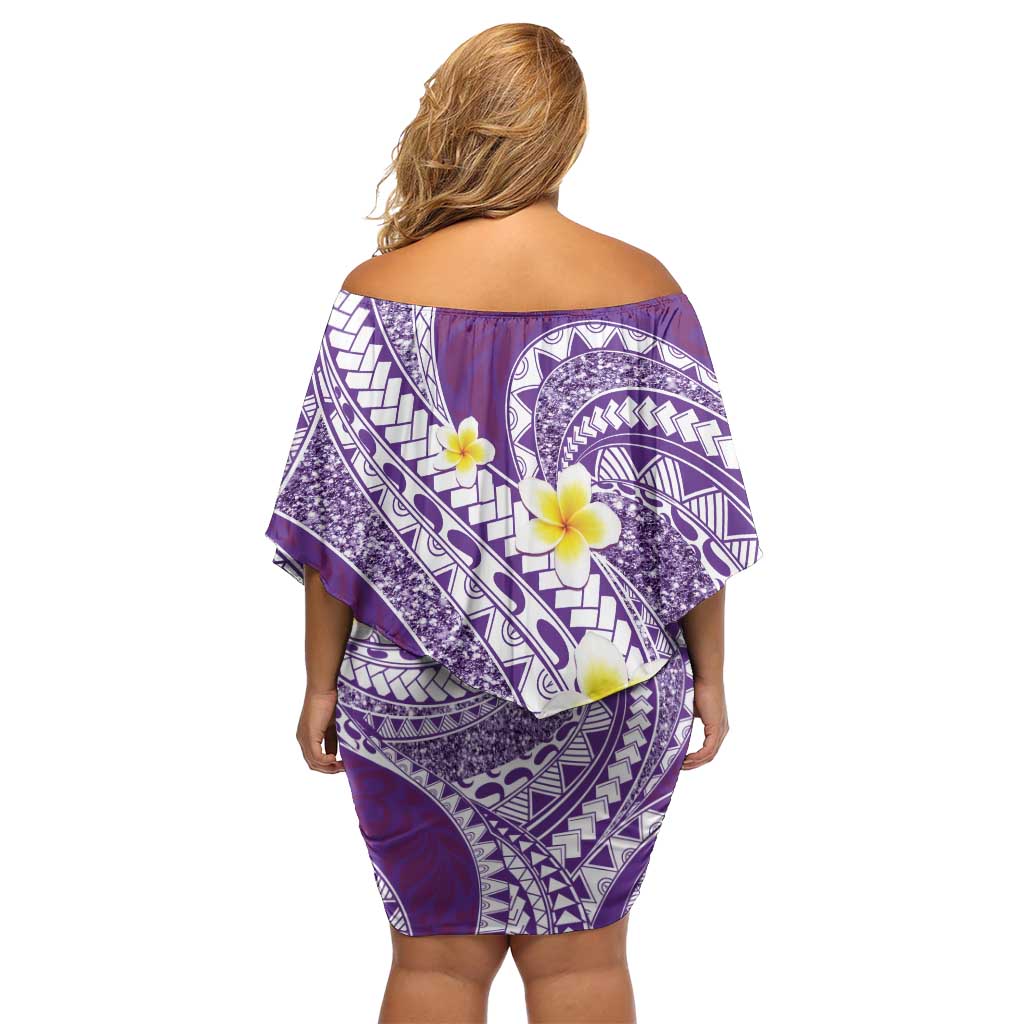 Plumeria Polynesian Purple Glitter Pattern Family Matching Off Shoulder Short Dress and Hawaiian Shirt