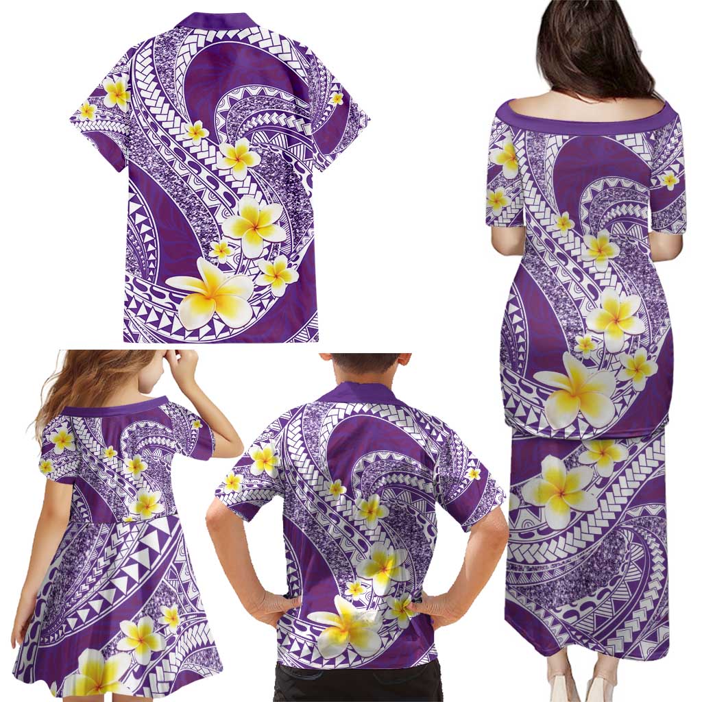 Plumeria Polynesian Purple Glitter Pattern Family Matching Puletasi and Hawaiian Shirt