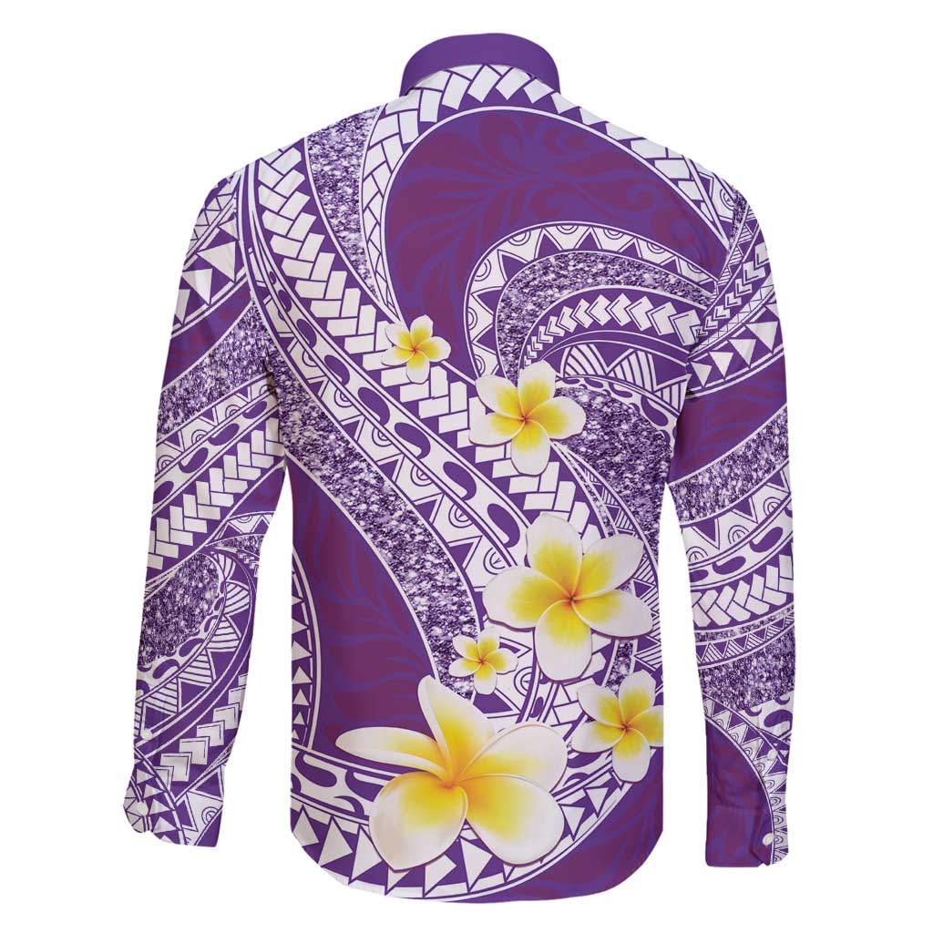 Plumeria Polynesian Purple Glitter Pattern Family Matching Puletasi and Hawaiian Shirt