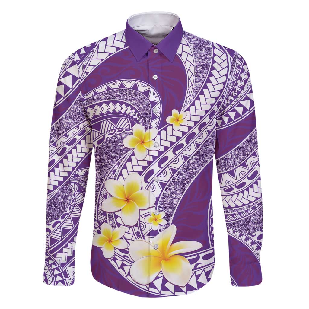 Plumeria Polynesian Purple Glitter Pattern Family Matching Short Sleeve Bodycon Dress and Hawaiian Shirt