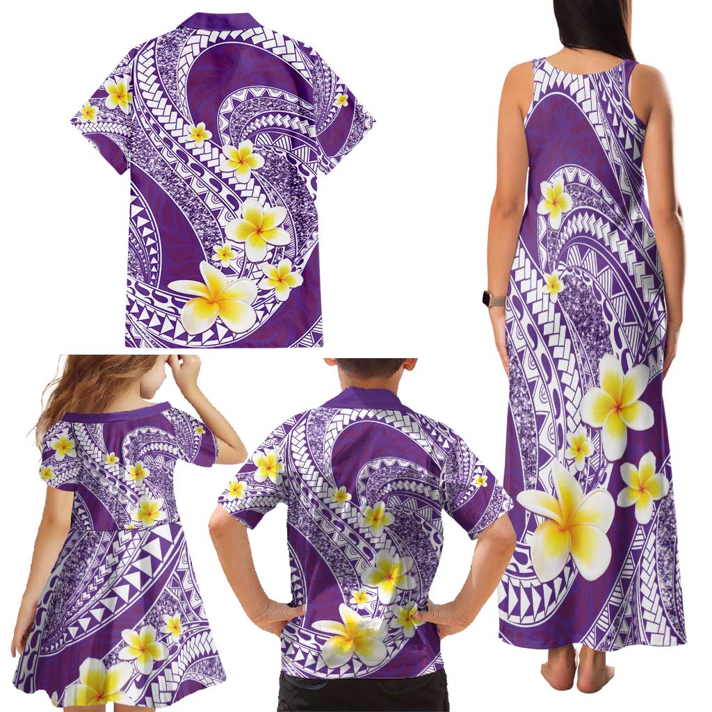 Plumeria Polynesian Purple Glitter Pattern Family Matching Tank Maxi Dress and Hawaiian Shirt