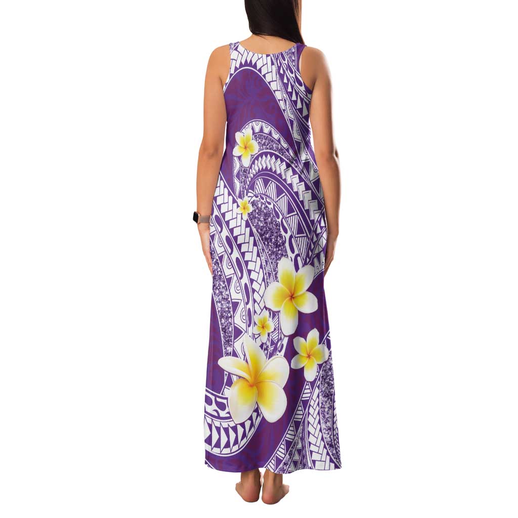 Plumeria Polynesian Purple Glitter Pattern Family Matching Tank Maxi Dress and Hawaiian Shirt