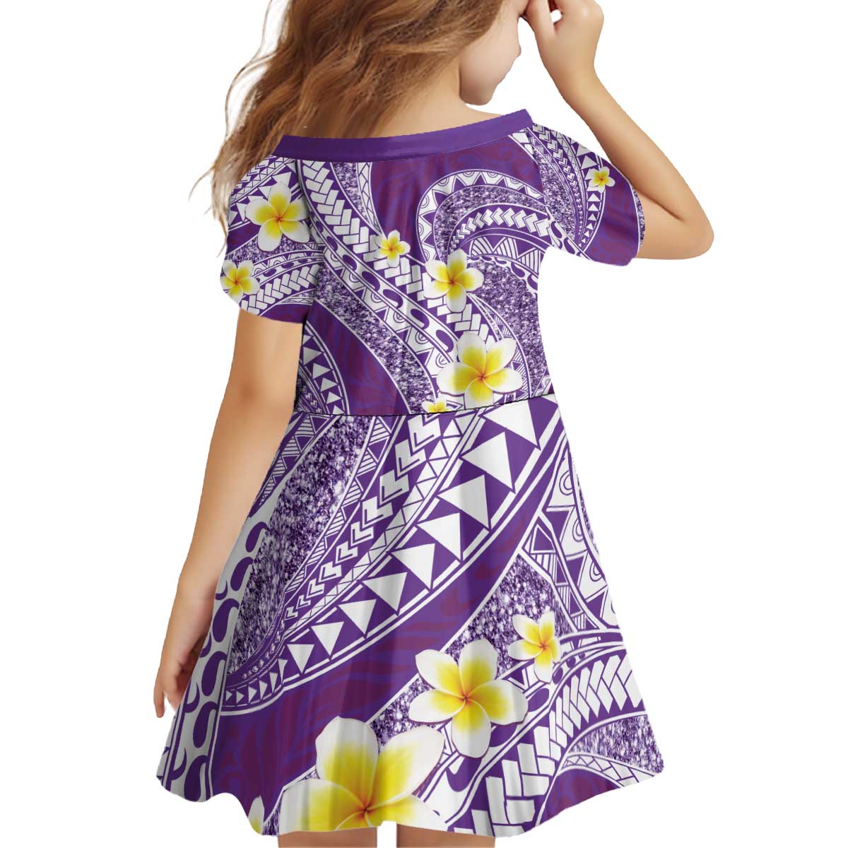 Plumeria Polynesian Purple Glitter Pattern Kid Short Sleeve Dress