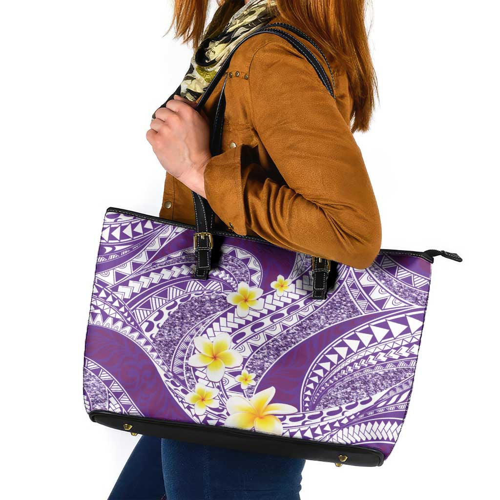 Plumeria Polynesian Purple Glitter Pattern Leather Tote Bag