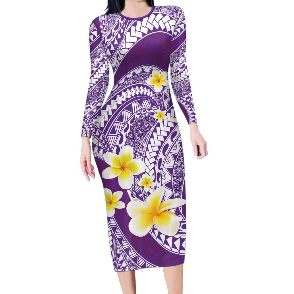 Plumeria Polynesian Purple Glitter Pattern Long Sleeve Bodycon Dress