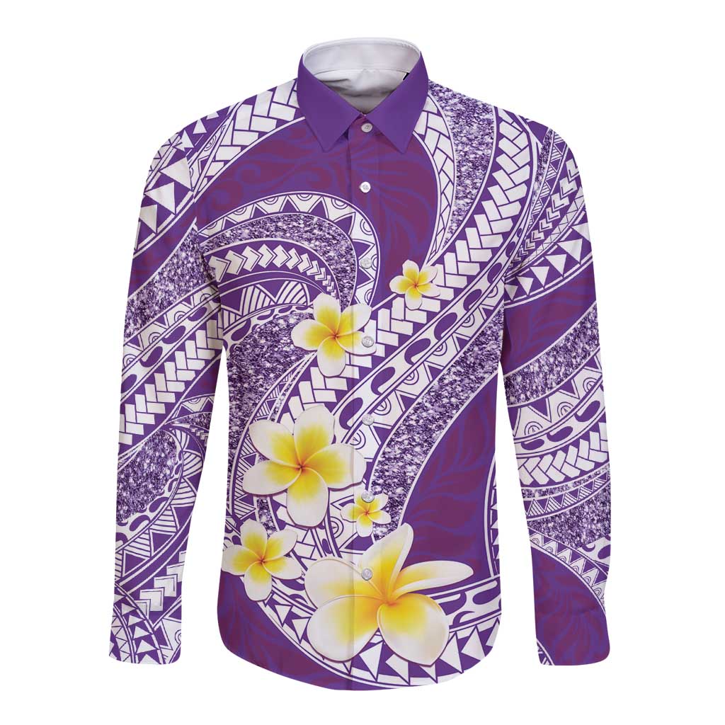 Plumeria Polynesian Purple Glitter Pattern Long Sleeve Button Shirt LT01 Unisex Purple - Polynesian Pride