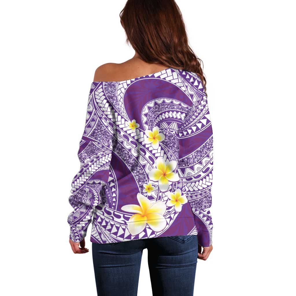 Plumeria Polynesian Purple Glitter Pattern Off Shoulder Sweater