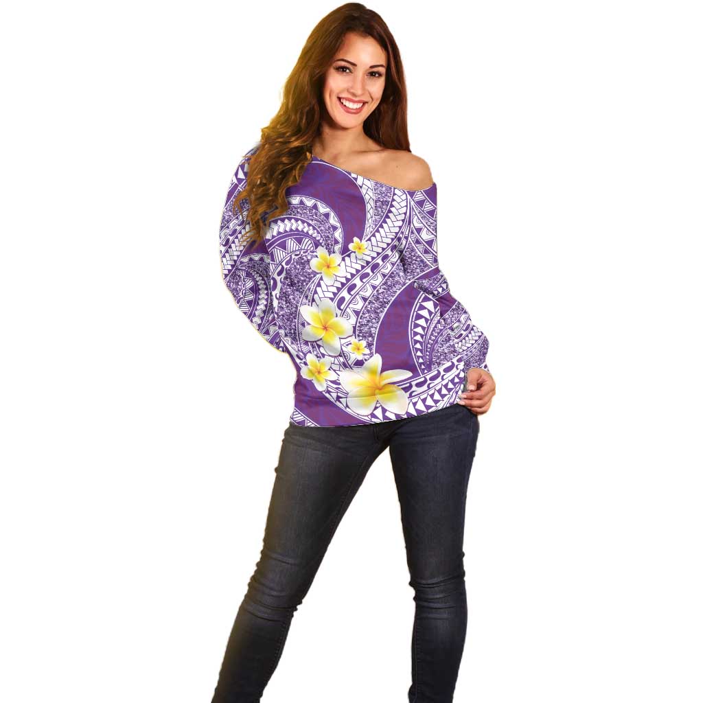 Plumeria Polynesian Purple Glitter Pattern Off Shoulder Sweater