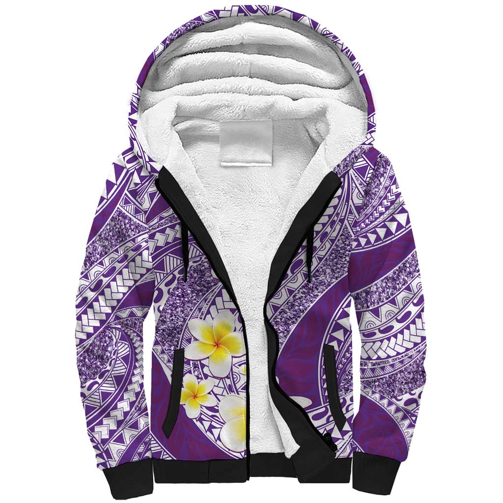 Plumeria Polynesian Purple Glitter Pattern Sherpa Hoodie