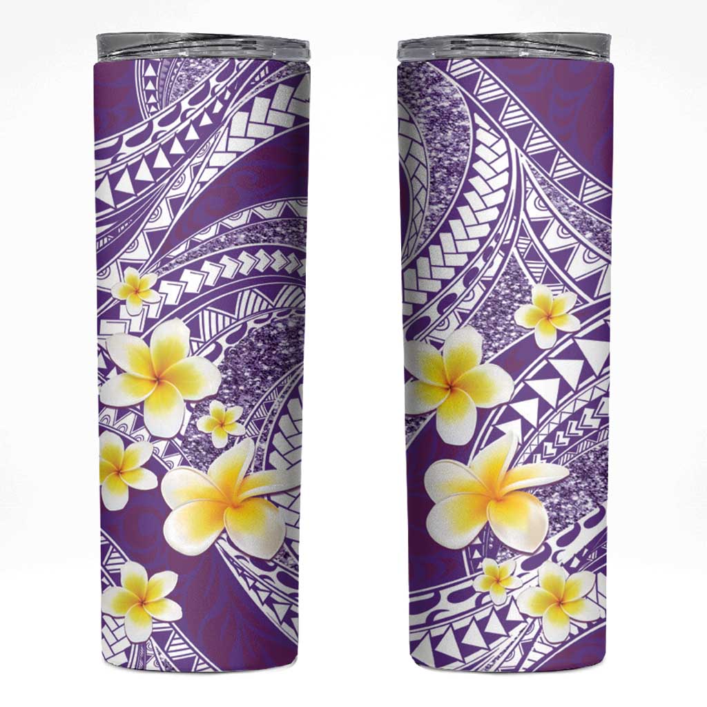 Plumeria Polynesian Purple Glitter Pattern Skinny Tumbler