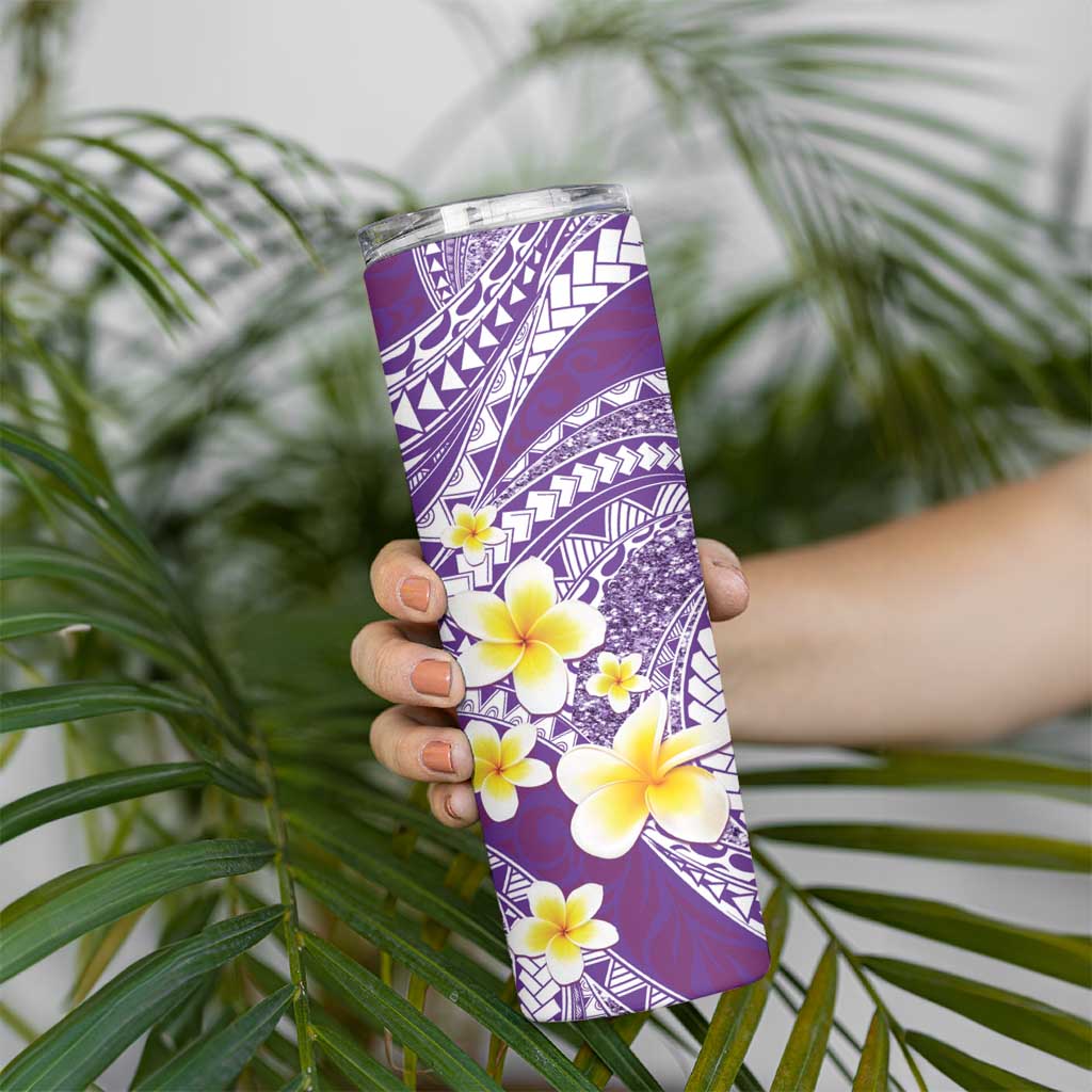 Plumeria Polynesian Purple Glitter Pattern Skinny Tumbler