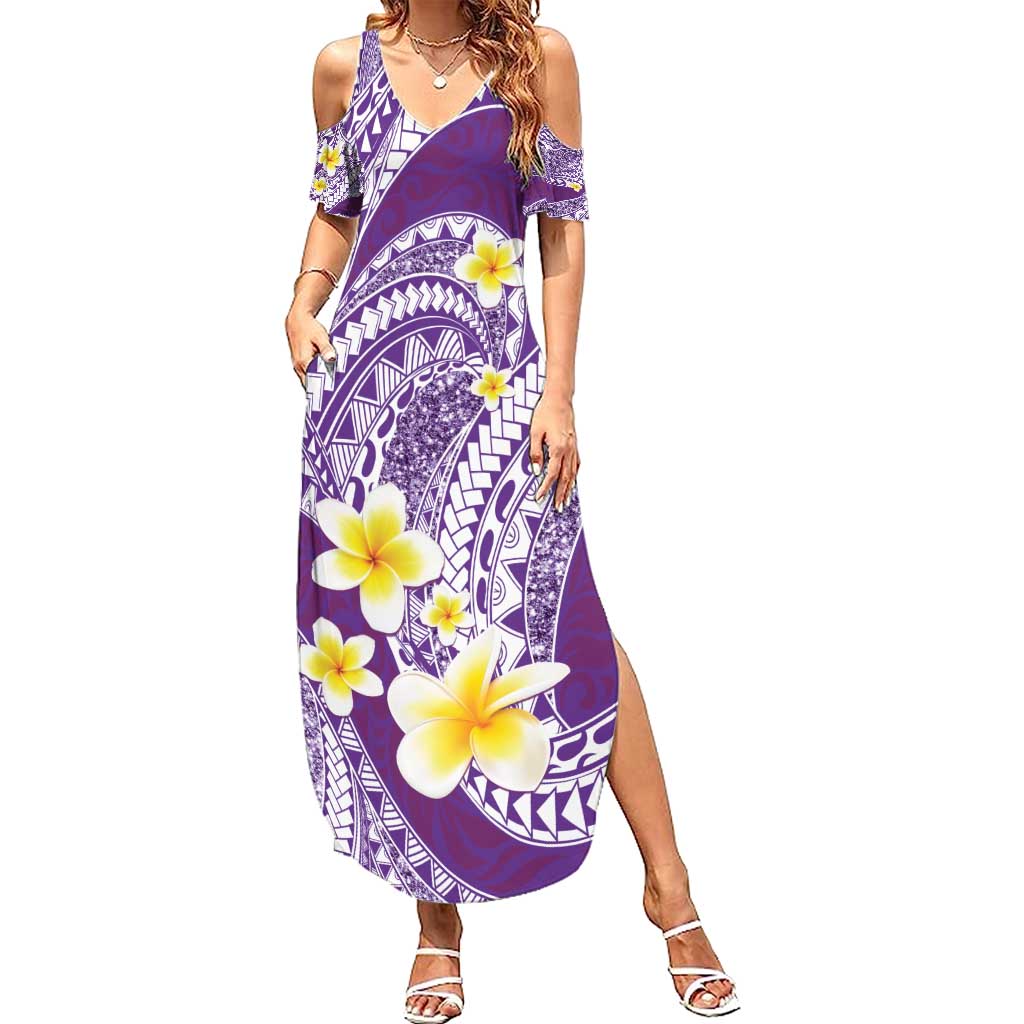 Plumeria Polynesian Purple Glitter Pattern Summer Maxi Dress