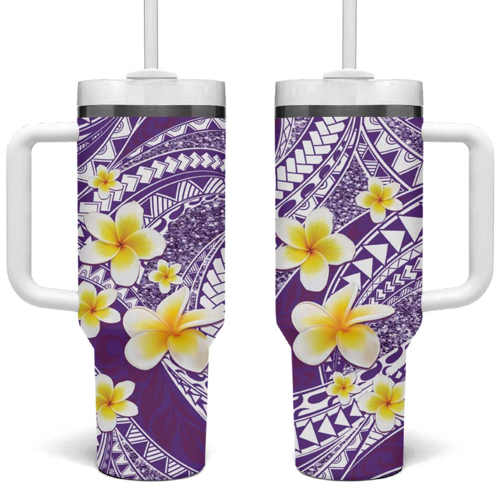 Plumeria Polynesian Purple Glitter Pattern Tumbler With Handle