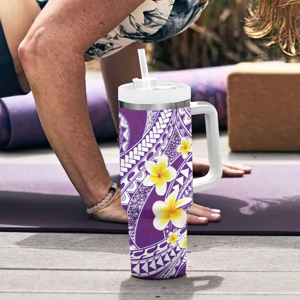 Plumeria Polynesian Purple Glitter Pattern Tumbler With Handle