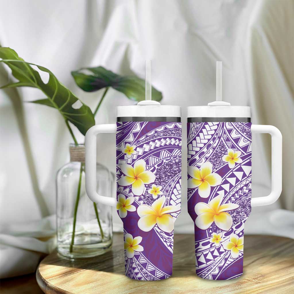 Plumeria Polynesian Purple Glitter Pattern Tumbler With Handle