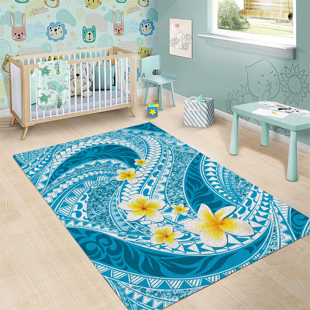 Plumeria Polynesian Sky Blue Glitter Pattern Area Rug