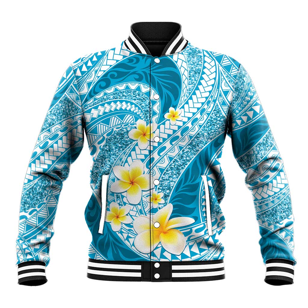 Plumeria Polynesian Sky Blue Glitter Pattern Baseball Jacket LT01 Unisex Sky Blue - Polynesian Pride