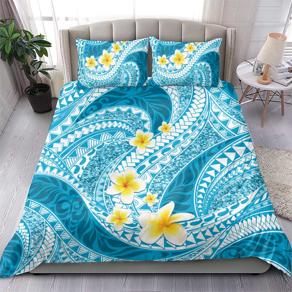 Plumeria Polynesian Sky Blue Glitter Pattern Bedding Set