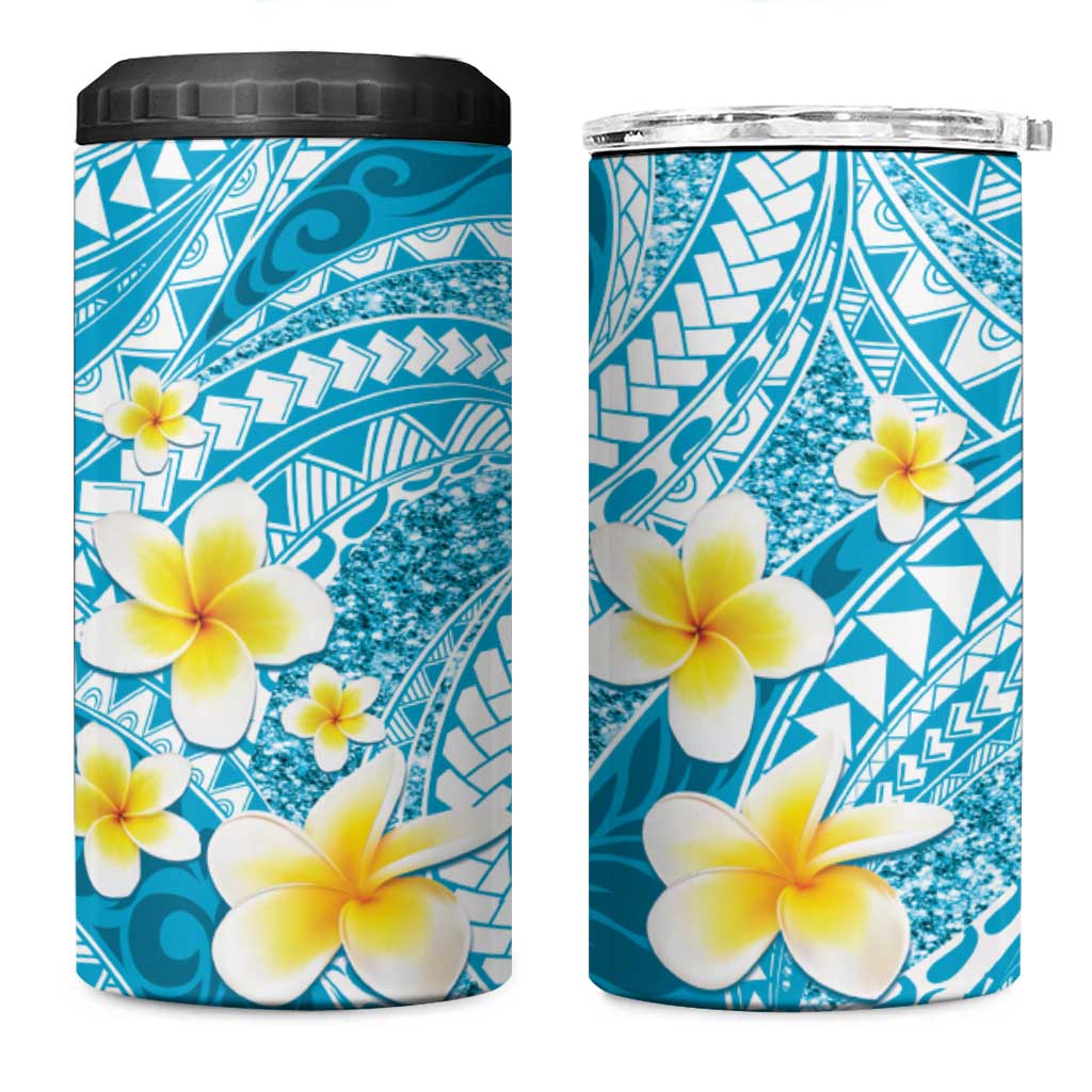 Plumeria Polynesian Sky Blue Glitter Pattern 4 in 1 Can Cooler Tumbler