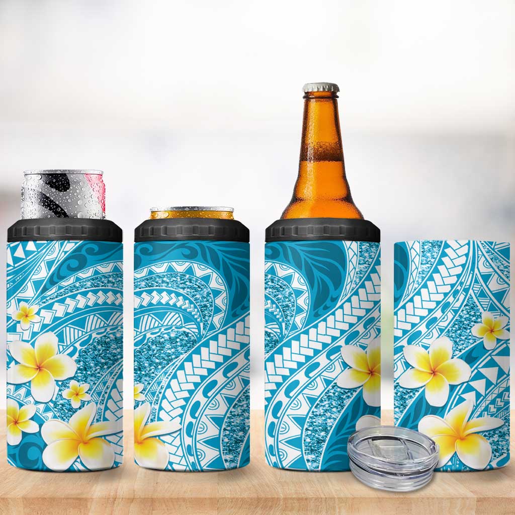 Plumeria Polynesian Sky Blue Glitter Pattern 4 in 1 Can Cooler Tumbler