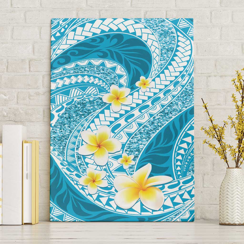 Plumeria Polynesian Sky Blue Glitter Pattern Canvas Wall Art