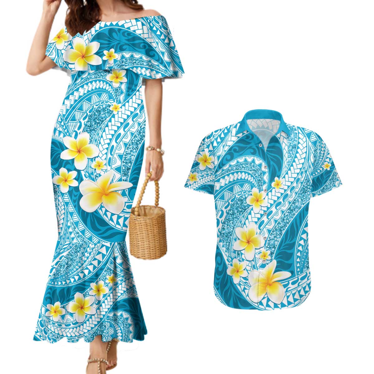 Plumeria Polynesian Sky Blue Glitter Pattern Couples Matching Mermaid Dress and Hawaiian Shirt