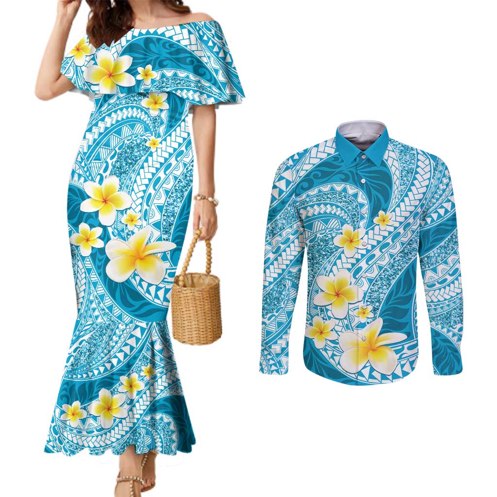 Plumeria Polynesian Sky Blue Glitter Pattern Couples Matching Mermaid Dress and Long Sleeve Button Shirt