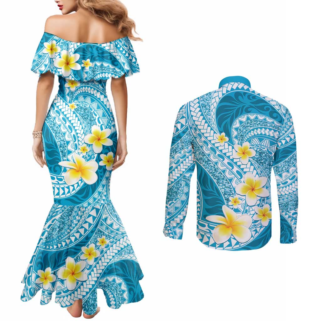 Plumeria Polynesian Sky Blue Glitter Pattern Couples Matching Mermaid Dress and Long Sleeve Button Shirt