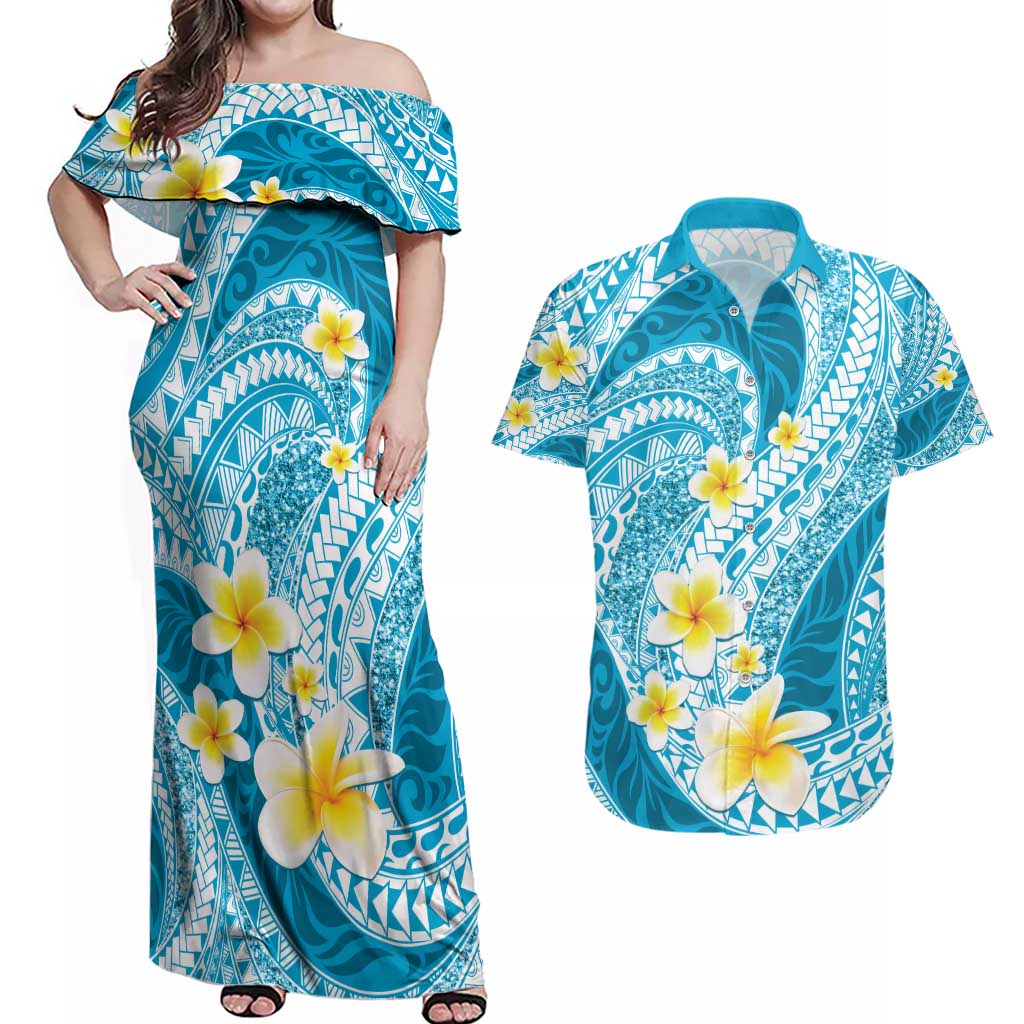 Plumeria Polynesian Sky Blue Glitter Pattern Couples Matching Off Shoulder Maxi Dress and Hawaiian Shirt