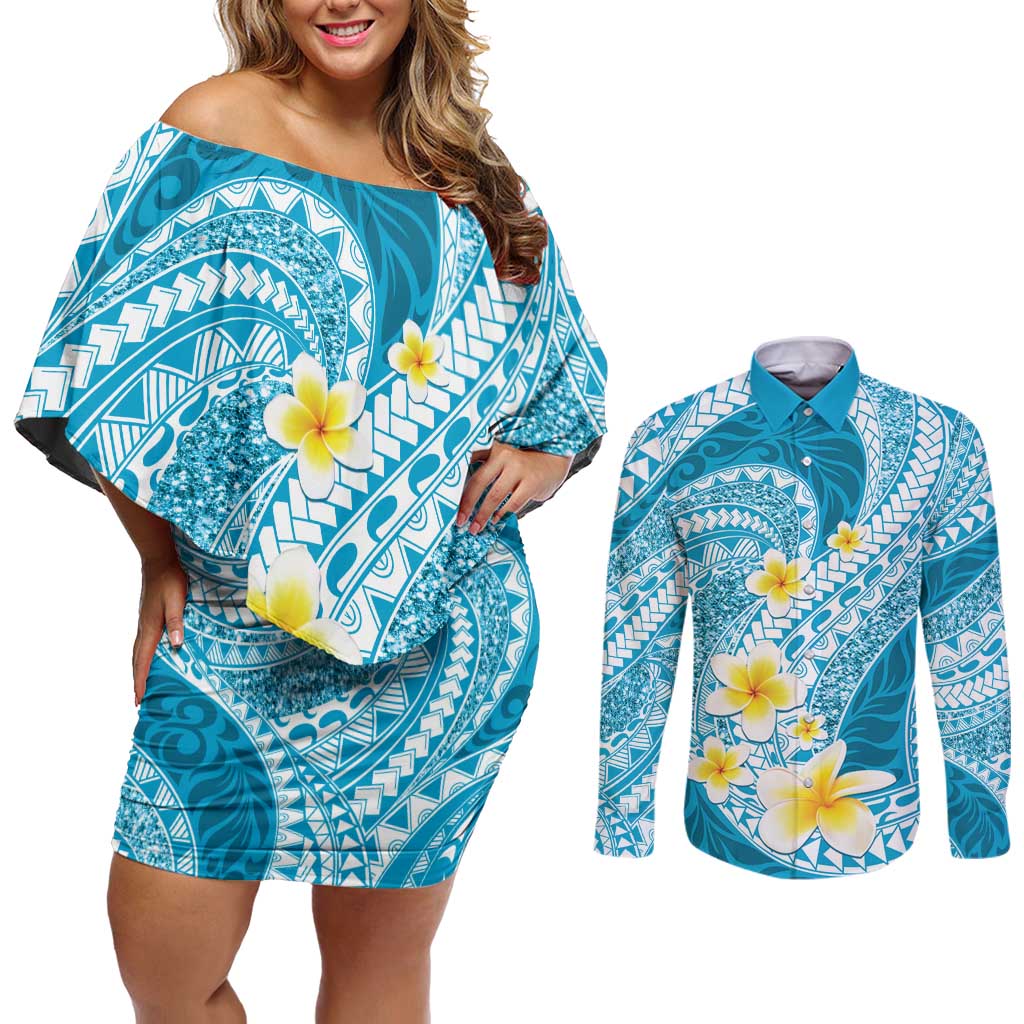 Plumeria Polynesian Sky Blue Glitter Pattern Couples Matching Off Shoulder Short Dress and Long Sleeve Button Shirt