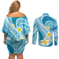 Plumeria Polynesian Sky Blue Glitter Pattern Couples Matching Off Shoulder Short Dress and Long Sleeve Button Shirt