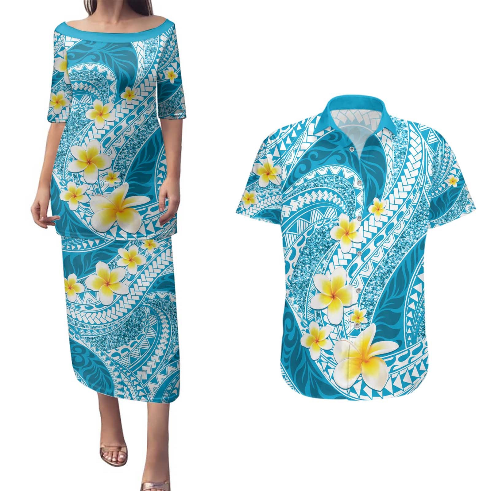 Plumeria Polynesian Sky Blue Glitter Pattern Couples Matching Puletasi and Hawaiian Shirt
