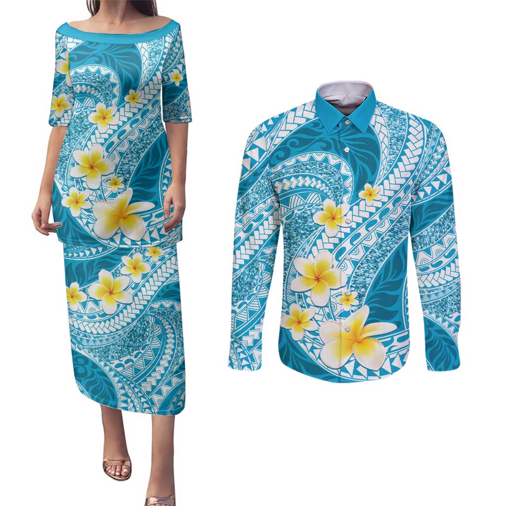 Plumeria Polynesian Sky Blue Glitter Pattern Couples Matching Puletasi and Long Sleeve Button Shirt
