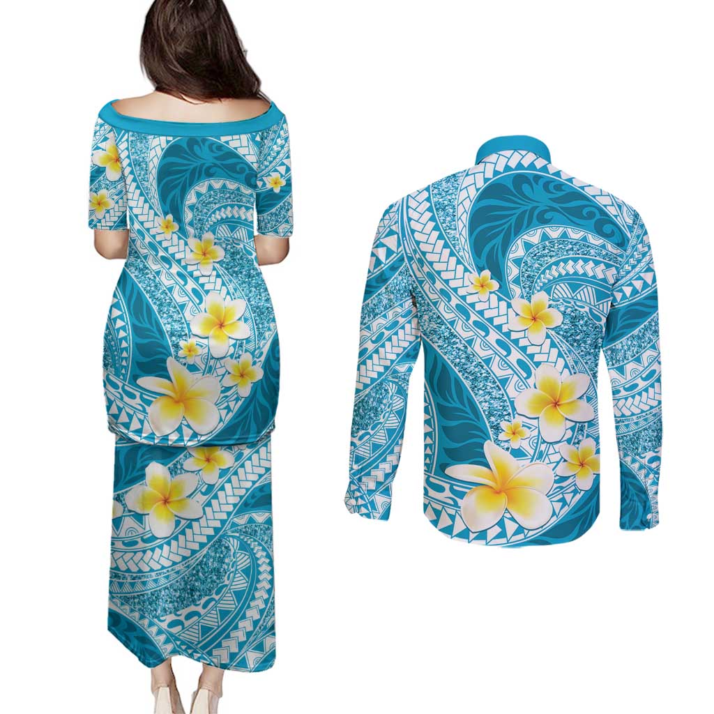 Plumeria Polynesian Sky Blue Glitter Pattern Couples Matching Puletasi and Long Sleeve Button Shirt