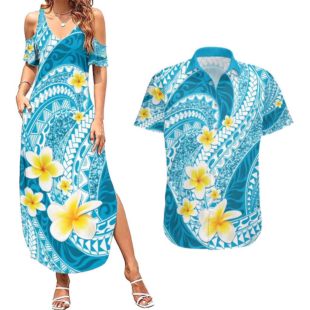 Plumeria Polynesian Sky Blue Glitter Pattern Couples Matching Summer Maxi Dress and Hawaiian Shirt