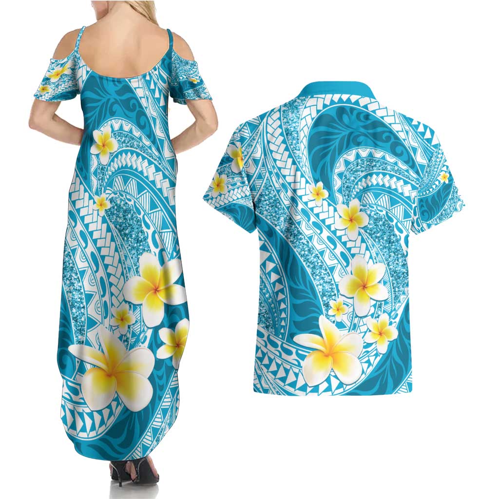 Plumeria Polynesian Sky Blue Glitter Pattern Couples Matching Summer Maxi Dress and Hawaiian Shirt