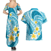 Plumeria Polynesian Sky Blue Glitter Pattern Couples Matching Summer Maxi Dress and Hawaiian Shirt