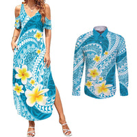 Plumeria Polynesian Sky Blue Glitter Pattern Couples Matching Summer Maxi Dress and Long Sleeve Button Shirt