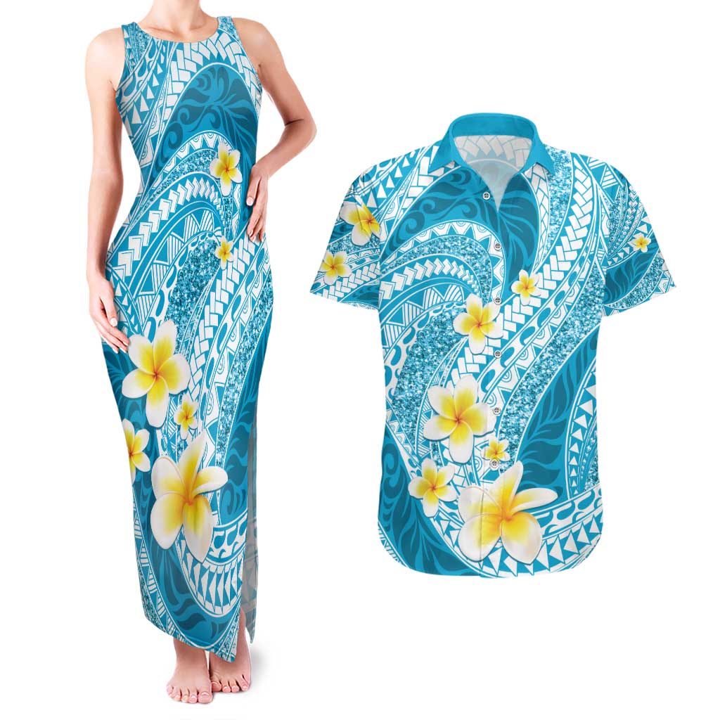 Plumeria Polynesian Sky Blue Glitter Pattern Couples Matching Tank Maxi Dress and Hawaiian Shirt