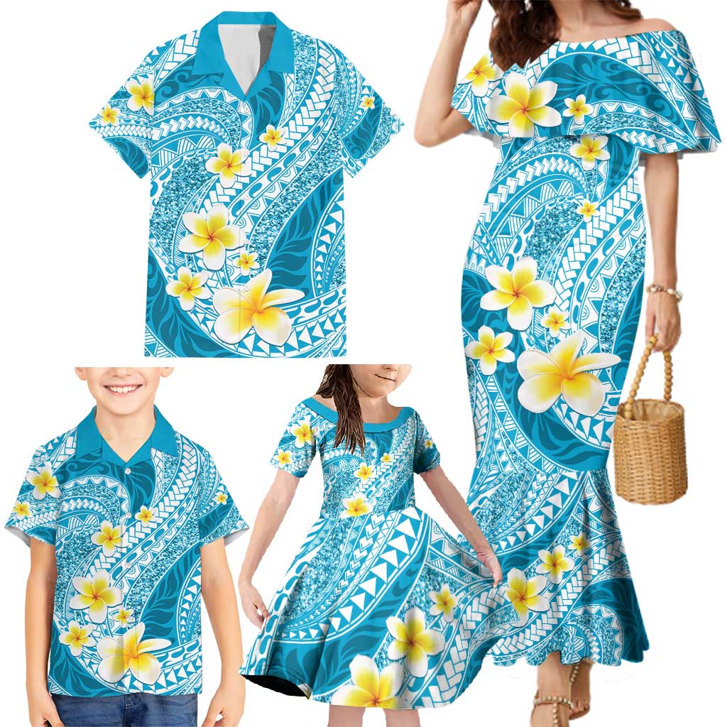 Plumeria Polynesian Sky Blue Glitter Pattern Family Matching Mermaid Dress and Hawaiian Shirt
