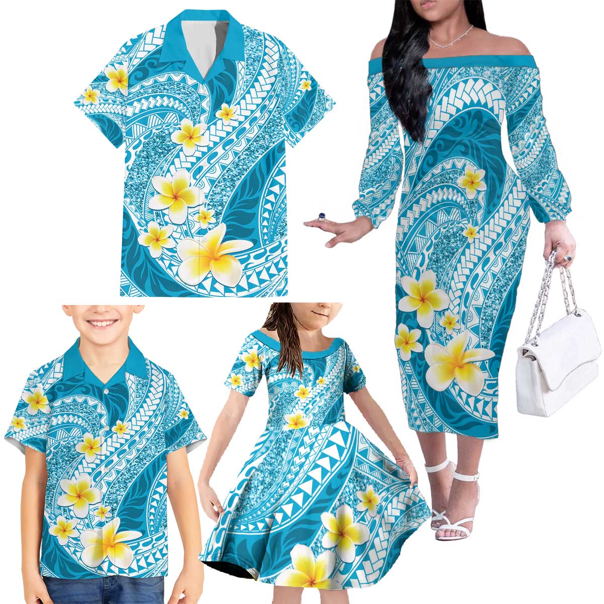 Plumeria Polynesian Sky Blue Glitter Pattern Family Matching Off The Shoulder Long Sleeve Dress and Hawaiian Shirt
