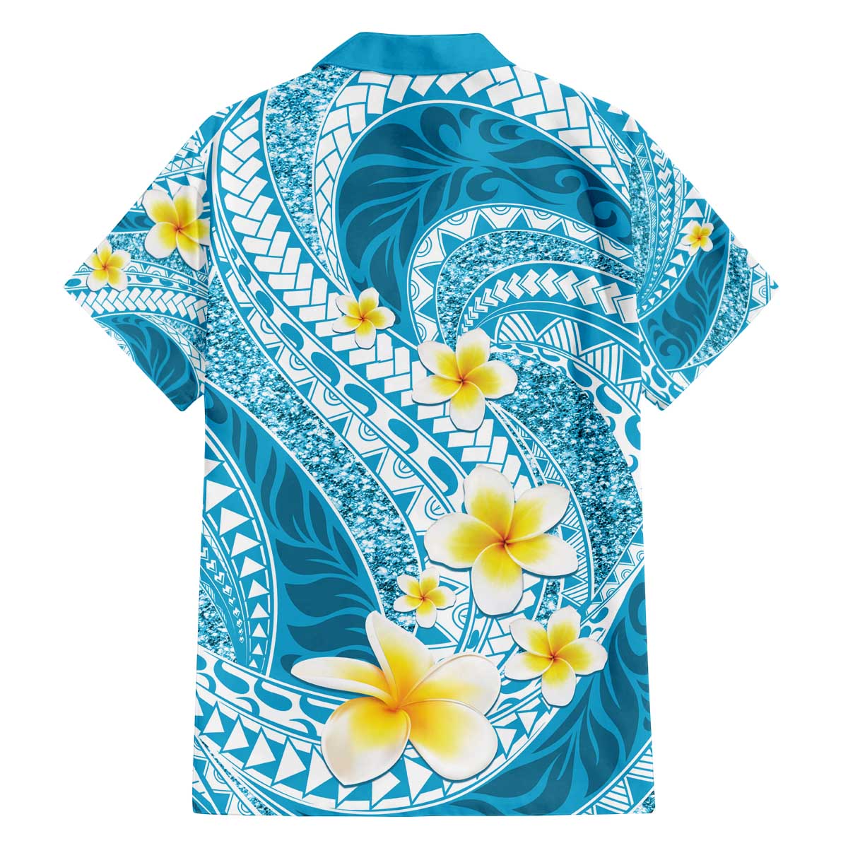 Plumeria Polynesian Sky Blue Glitter Pattern Family Matching Off The Shoulder Long Sleeve Dress and Hawaiian Shirt