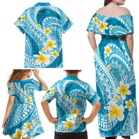 Plumeria Polynesian Sky Blue Glitter Pattern Family Matching Off Shoulder Maxi Dress and Hawaiian Shirt