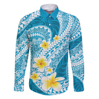 Plumeria Polynesian Sky Blue Glitter Pattern Family Matching Off Shoulder Short Dress and Hawaiian Shirt