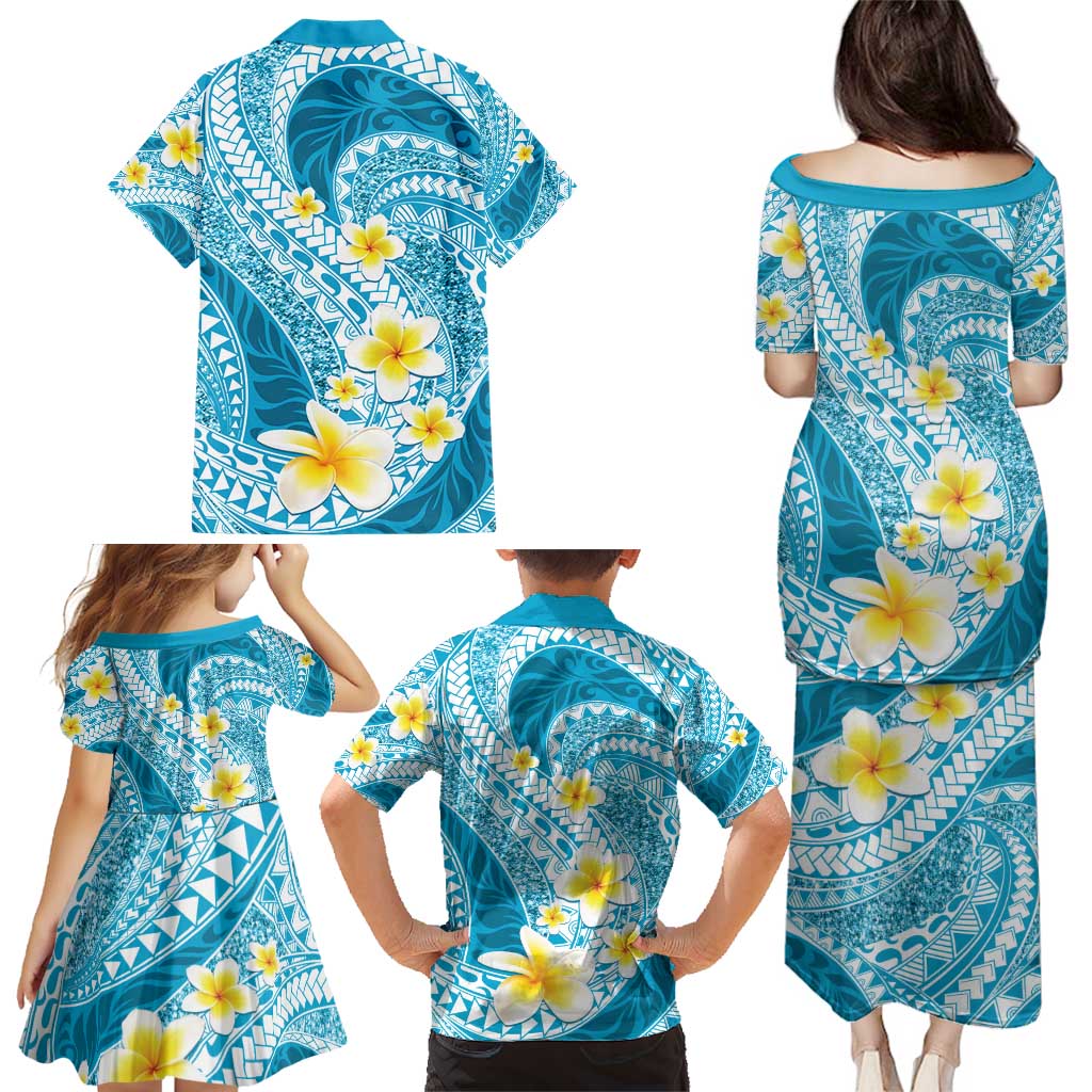 Plumeria Polynesian Sky Blue Glitter Pattern Family Matching Puletasi and Hawaiian Shirt