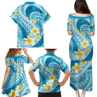 Plumeria Polynesian Sky Blue Glitter Pattern Family Matching Puletasi and Hawaiian Shirt