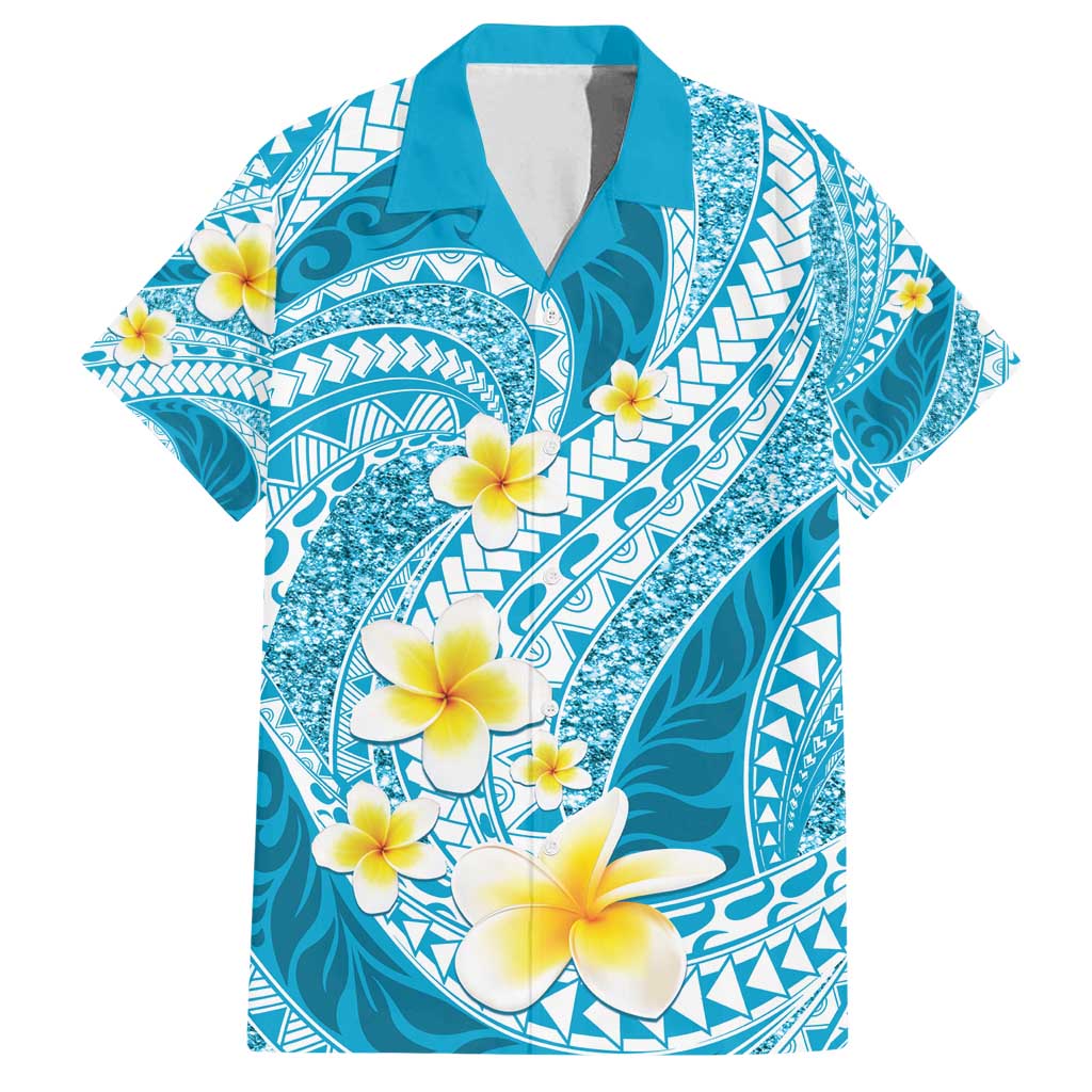 Plumeria Polynesian Sky Blue Glitter Pattern Family Matching Puletasi and Hawaiian Shirt