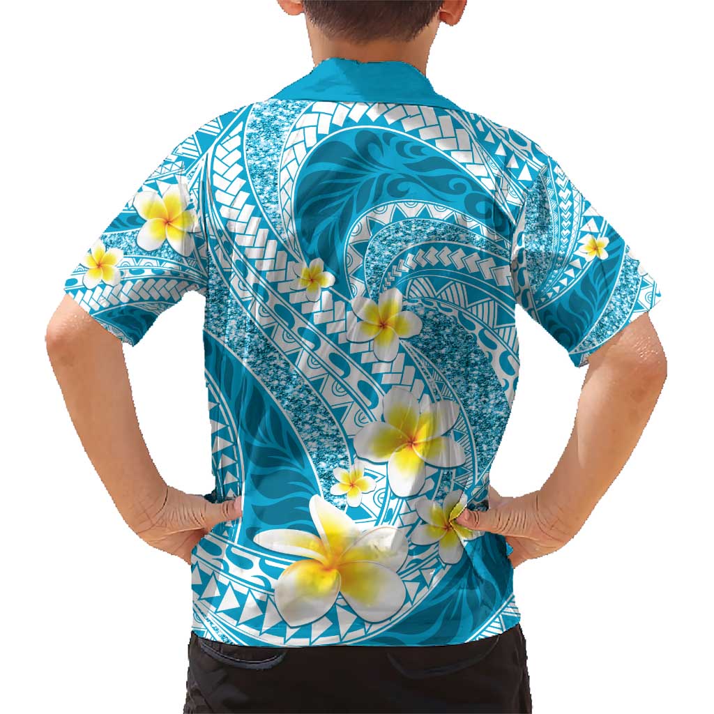 Plumeria Polynesian Sky Blue Glitter Pattern Family Matching Short Sleeve Bodycon Dress and Hawaiian Shirt