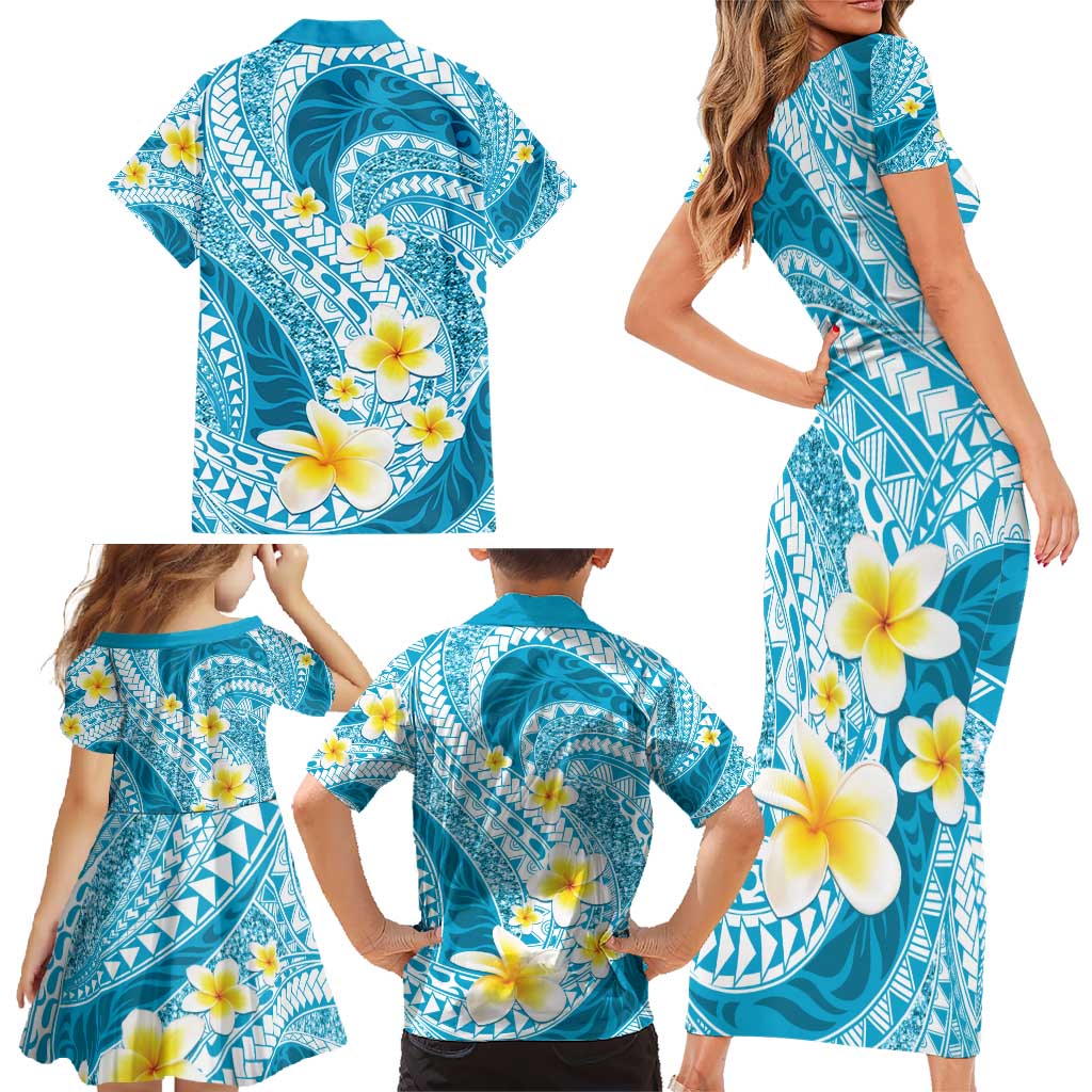 Plumeria Polynesian Sky Blue Glitter Pattern Family Matching Short Sleeve Bodycon Dress and Hawaiian Shirt